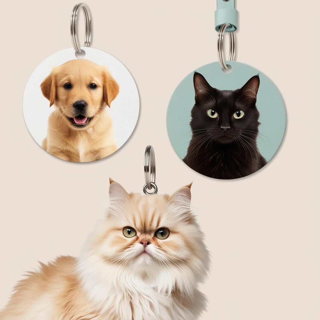 3 differants médailles pour chien et chat domestique avec photo avec fond uni
